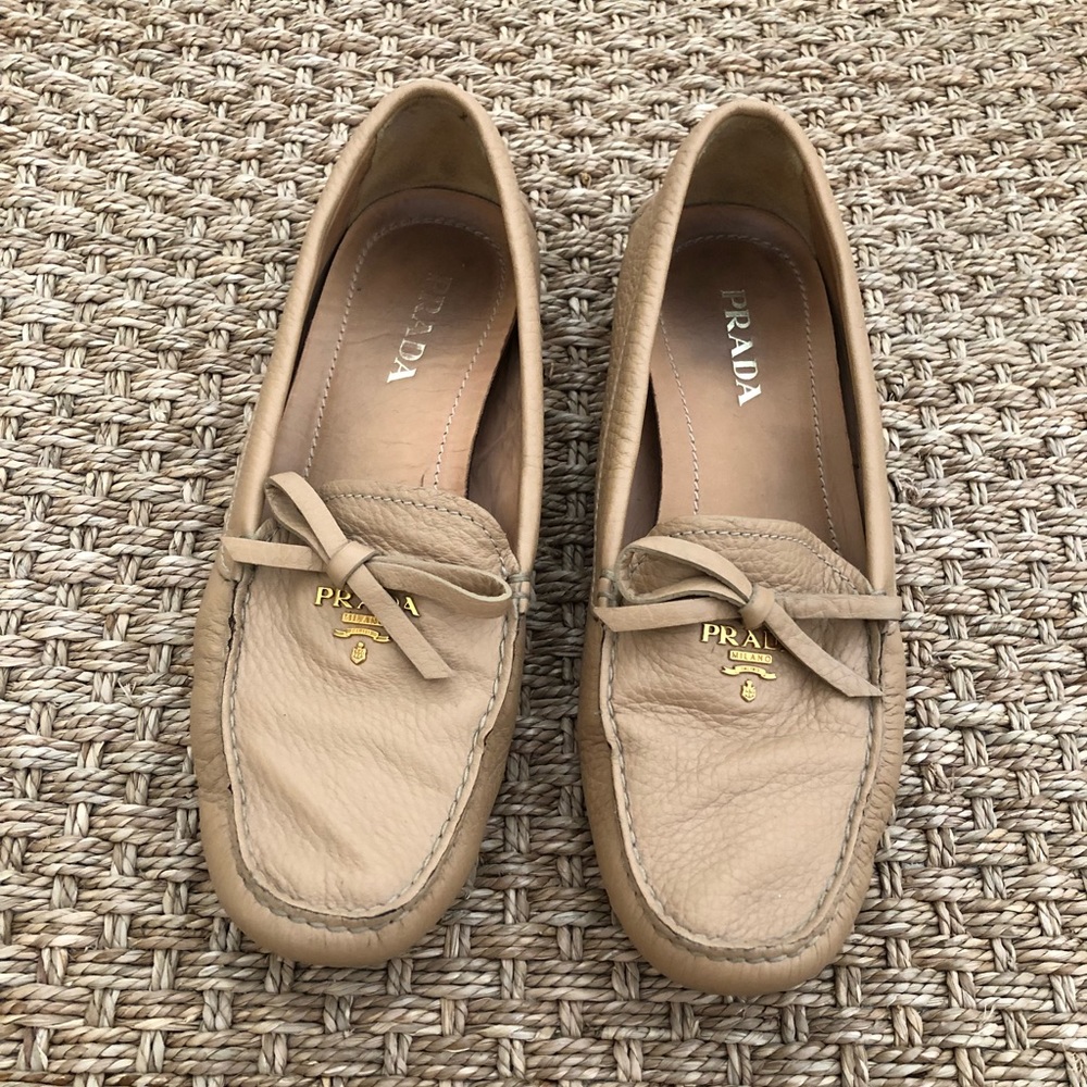 Prada Beige Leather Bow Loafers